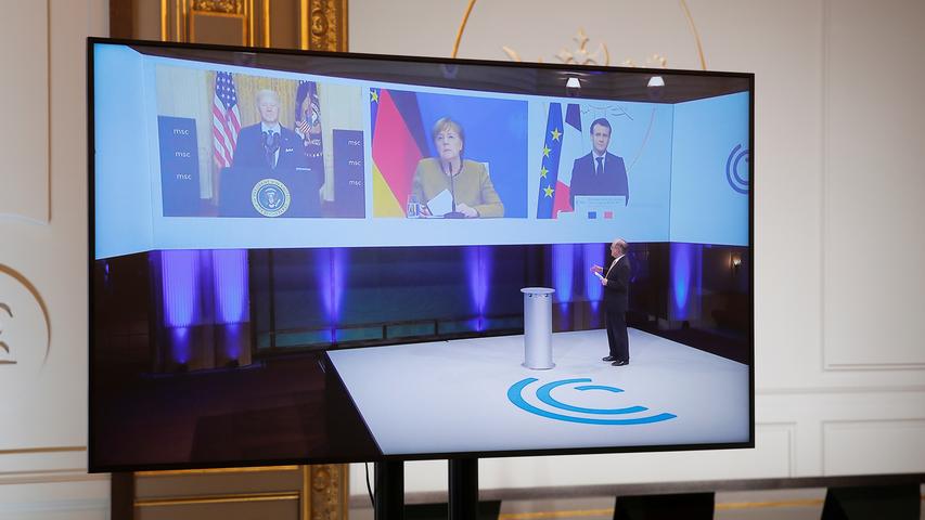 Joe Biden, Emmanuel Macron und Angela Merkel während ihrer Teilnahme an der virtuellen Münchener Sicherheitskonferenz. Vor allem der Auftritt des US-Präsidenten macht Beobachtern Hoffnung, dass die USA auf dem Gebiet der internationalen Politik wieder stärker an Kooperationen interessiert sind.
