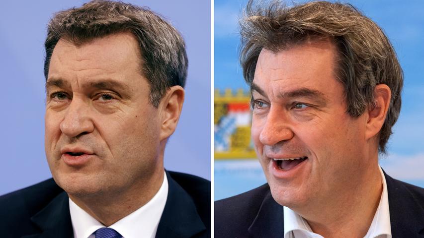 Auch Bayerns Ministerpräsident Markus Söder könnte mal wieder einen Kurzhaarschnitt vertragen. Links zeigt den Ministerpräsidenten am 25. November 2020, rechts Markus Söder am 23. Februar 2021.