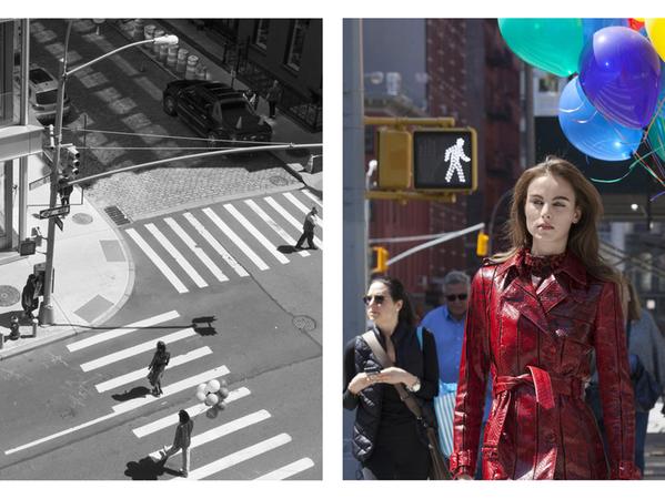 Weit entfernt so nah: Die Frau auf dem Zebrastreifen ist die gleiche wie rechts im Bild. Der Mann mit den Luftballons läuft in New York hinter ihr. Fotokünstlerin Barbara Probst spielt mit solchen Perspektiven.