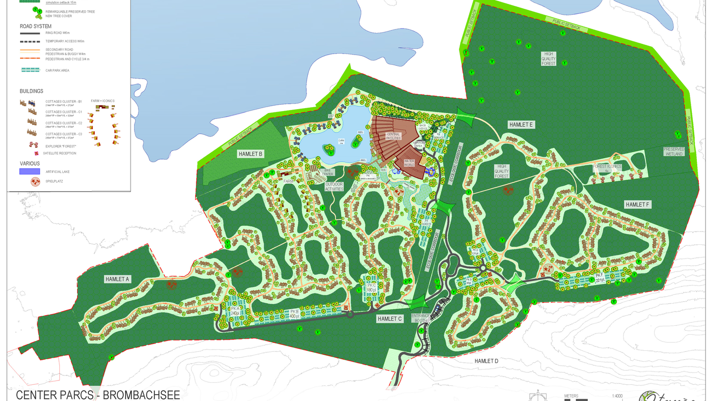 So sieht der Masterplan von Center Parcs aus: Die Bebauung konzentriert sich im Zentrum des Muna-Geländes, ein großes Areal im Nordosten bleibt unangetastet, weitere geschützte Gebiete liegen im Süden und westlich des kleinen Sees. So sieht der Masterplan von Center Parcs aus: Die Bebauung konzentriert sich im Zentrum des Muna-Geländes, ein großes Areal im Nordosten bleibt unangetastet, weitere geschützte Gebiete liegen im Süden und westlich des kleinen Sees.
