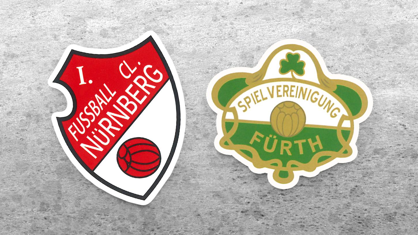 Zwei traditionelle Wappen des 1. FC Nürnberg und der SpVgg Greuther Fürth aus dem Buch von Hardy Grüne.