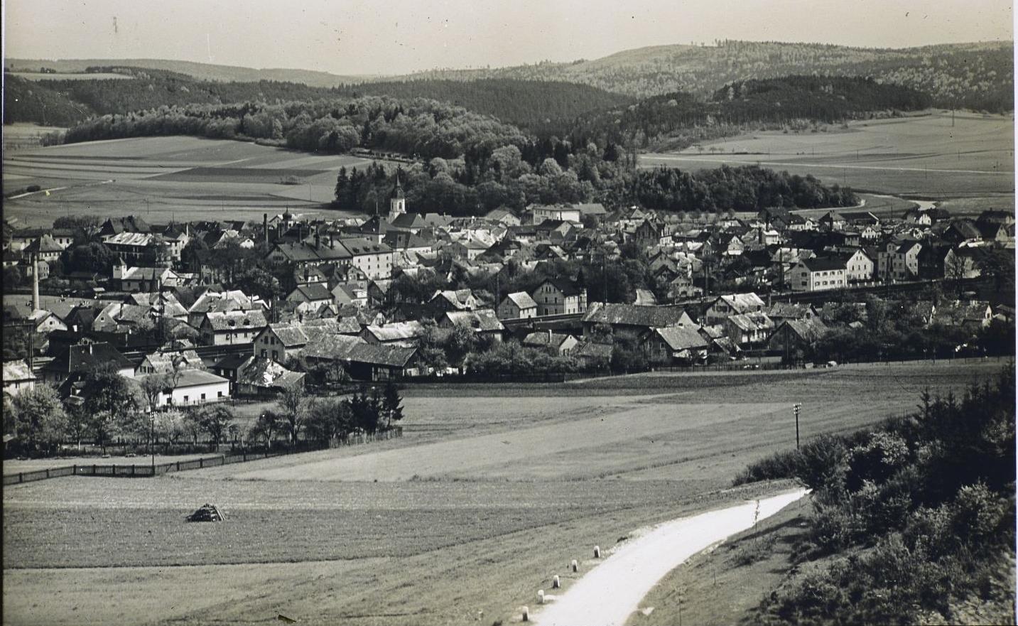 Blick vom Patrich/Hahnenkammstraße auf das mit vielen Jurahaus-Dächern durchsetzte Treuchtlingen Anfang/Mitte des vorigen Jahrhunderts