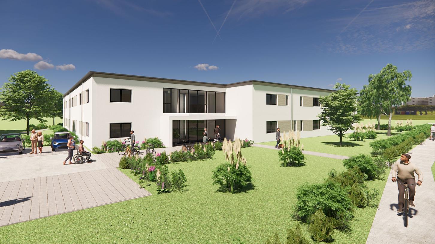 So soll das neue Wohnheim der Rummelsberger Diakonie von der Straße aus einmal aussehen – Blick in Richtung Stadtmitte und Therme (Westen). So soll das neue Wohnheim der Rummelsberger Diakonie von der Straße aus einmal aussehen – Blick in Richtung Stadtmitte und Therme (Westen).