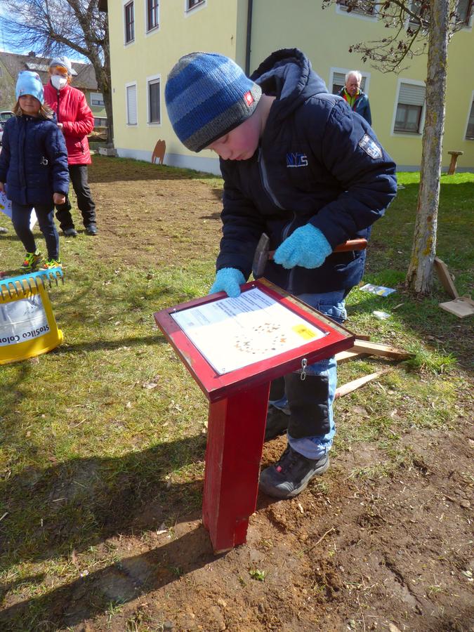 An jeder Blühfläche steht künftig ein Pult, das das Projekt erklärt. Ganz vertieft in ihren Beitrag halfen die Kinder der Gartenbau-Familien beim Aufstellen und Säen. An jeder Blühfläche steht künftig ein Pult, das das Projekt erklärt. Ganz vertieft in ihren Beitrag halfen die Kinder der Gartenbau-Familien beim Aufstellen und Säen.
