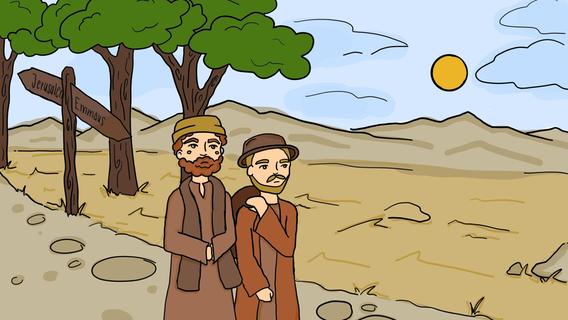 Comicszene aus der biblischen Emmaus-Geschichte für "Ostern to go", einer Handyrallye der Katholischen Jugend in Nürnberg.