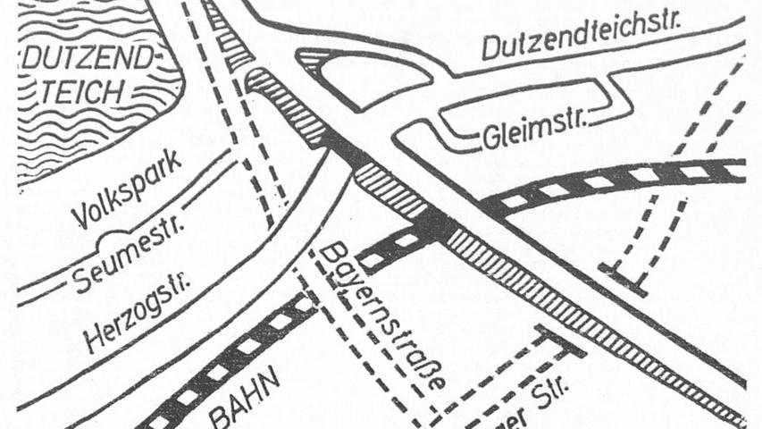 In einigen Jahren erkennen die Nürnberger die Straßenlandschaft beim Dutzendteich bestimmt nicht wieder. Der Knotenpunkt Regensburger/Bayernstraße mit der nahegelegenen Eisenbahnlinie muß voraussichtlich ab 1976 seiner künftigen Bedeutung im Ringsystem entsprechend ausgebaut werden. Hier geht es zum Artikel: 2. April 1971: Platz für Autos und die Hochschule