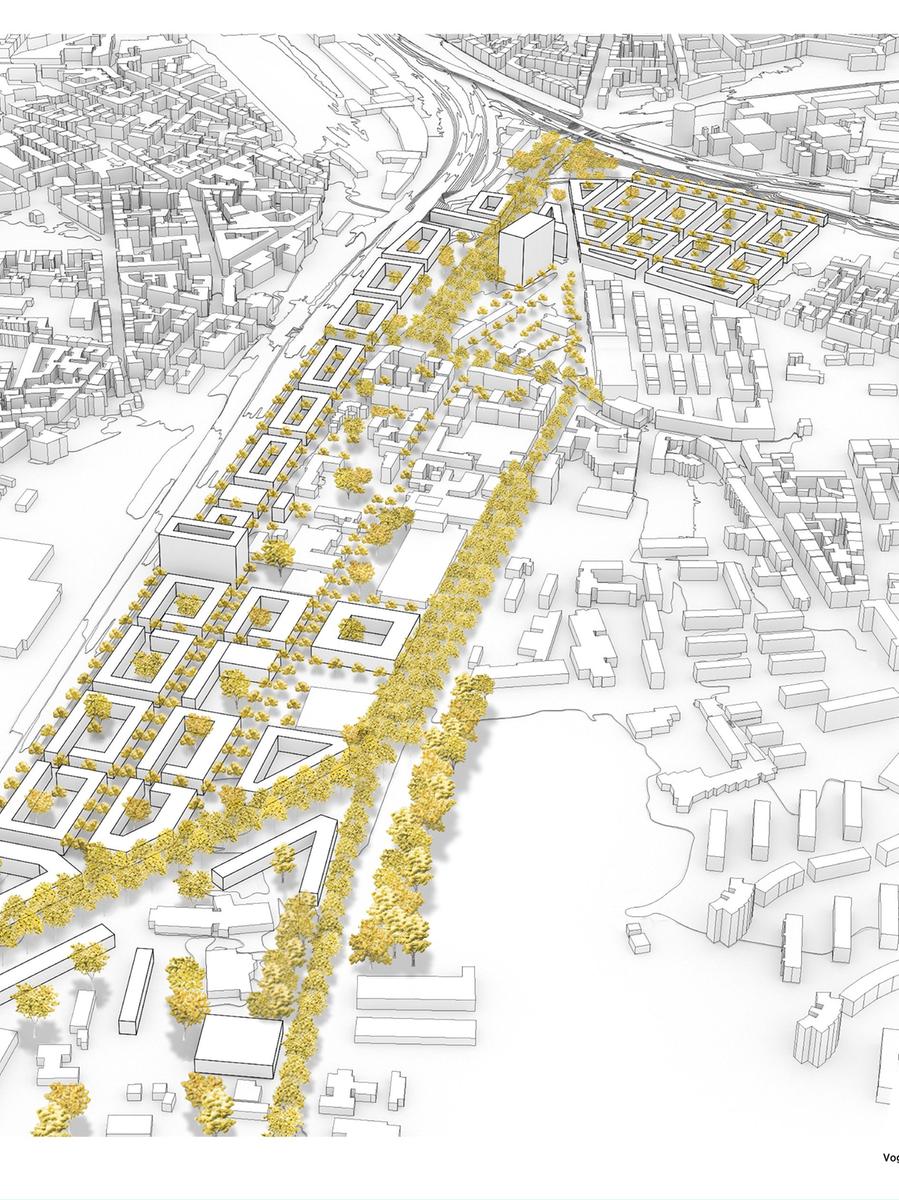 Sven Jessel und Victoria Konuk haben einen radikalen Entwurf an der TH Nürnberg vorgelegt: Sie haben ihn ihrem Modell den Frankenschnellweg praktisch aufgelöst und den Verkehr über die dann begrünte Diagonale via Hans-Bunte-Straße in die Fuggerstraße gelenkt. So entsteht ein verkehrsberuhigter Bereich, der analog zum Viertel in Gostenhof auf dieser Seite der Bahnlinie entstehen könnte.
Sven Jessel und Victoria Konuk haben einen radikalen Entwurf an der TH Nürnberg vorgelegt: Sie haben ihn ihrem Modell den Frankenschnellweg praktisch aufgelöst und den Verkehr über die dann begrünte Diagonale via Hans-Bunte-Straße in die Fuggerstraße gelenkt. So entsteht ein verkehrsberuhigter Bereich, der analog zum Viertel in Gostenhof auf dieser Seite der Bahnlinie entstehen könnte.