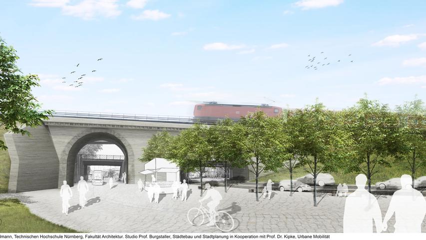 Dort wo heute Autos unter den Bahnbrücken über den Frankenschnellweg donnern, können sich Radler und Fußgänger in diesem Vorschlag den Raum erobern.