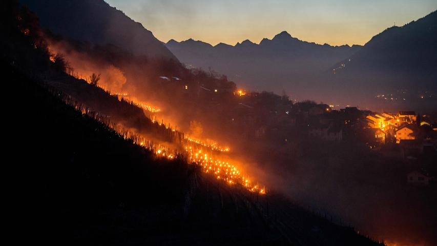 Was aussieht wie ein dramatischer Waldbrand, ist in Wirklichkeit nichts anderes als das Licht Tausender Kerzen. Die Paraffin-Kerzen sollen mit ihrer Wärme verhindern, dass der Frost in den Schweizer Alpen die jungen Knospen der Weinberge erfrieren lässt.