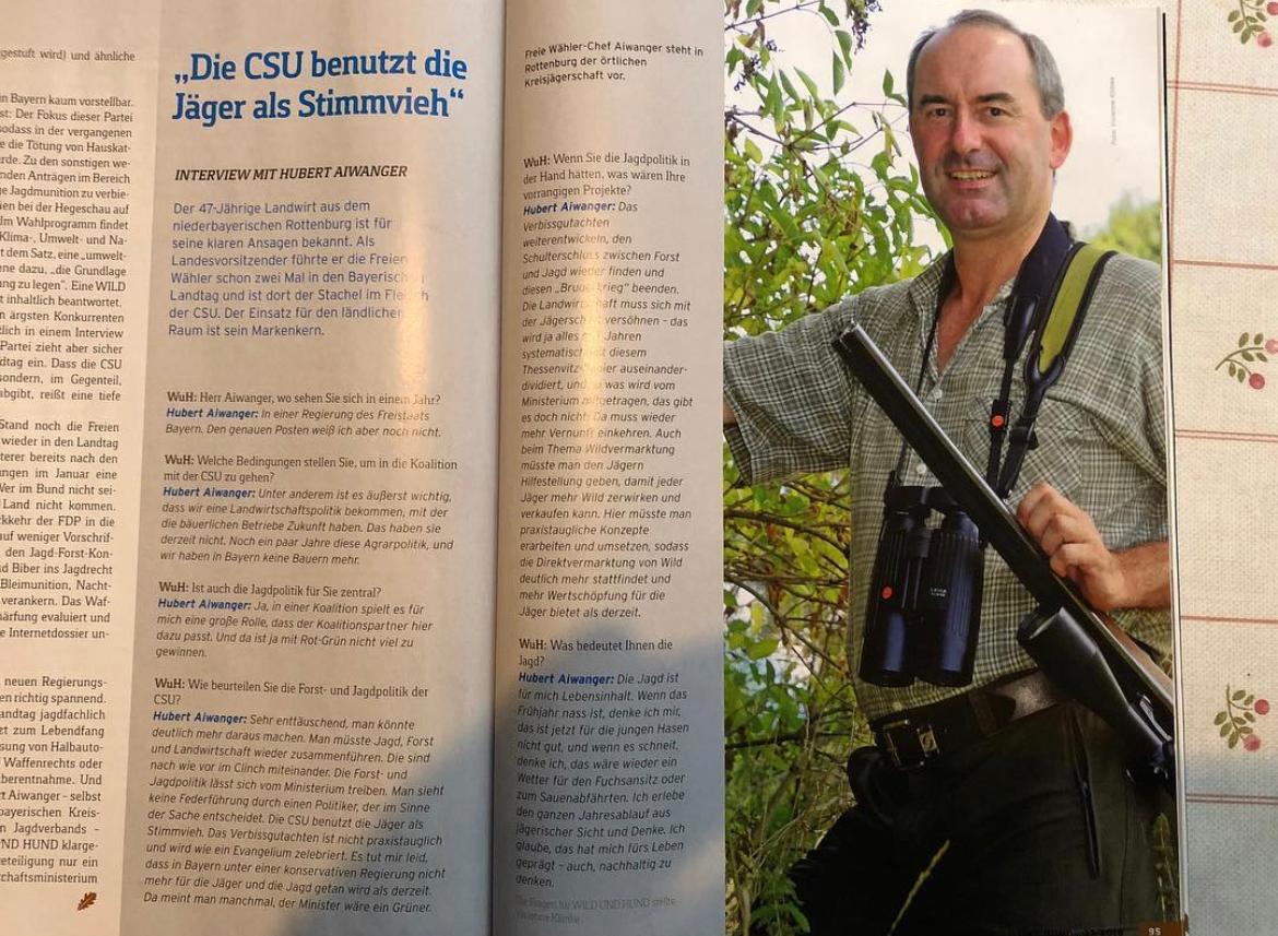 Hubert Aiwanger fotografierte einen "guten" Artikel aus dem Jagdmagazin "Wild und Hund" ab, postet ihn am 7. September 2018 auf Instagram und bedankte sich für den Artikel. Ehrenamtlich ist Aiwanger unter anderem beim Landesjagdverband Bayern aktiv. 