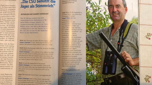 Hubert Aiwanger fotografierte einen "guten" Artikel aus dem Jagdmagazin "Wild und Hund" ab, postet ihn am 7. September 2018 auf Instagram und bedankte sich für den Artikel. Ehrenamtlich ist Aiwanger unter anderem beim Landesjagdverband Bayern aktiv.