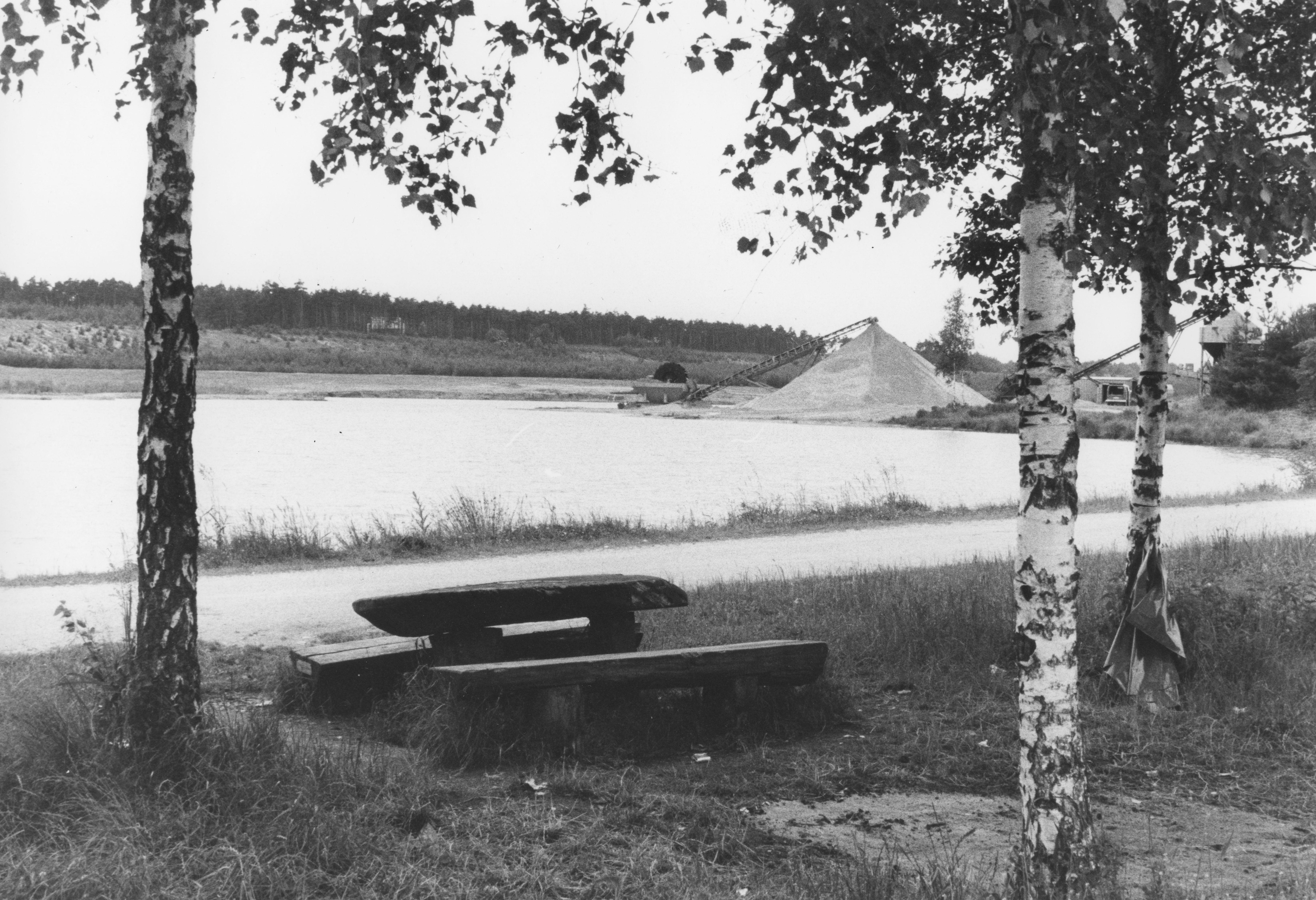 Der See mit den namensgebenden Birken im Jahr 1983. Rechts im Hintergrund sind die Anlagen für den Sandabbau zu erkennen.