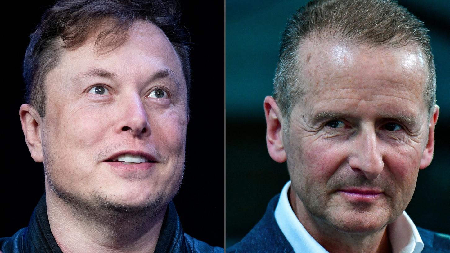 Tesla-Gründer Elon Musk (links) hat einem Bericht zufolge VW-Chef Diess früher den Job als Tesla-CEO angeboten.