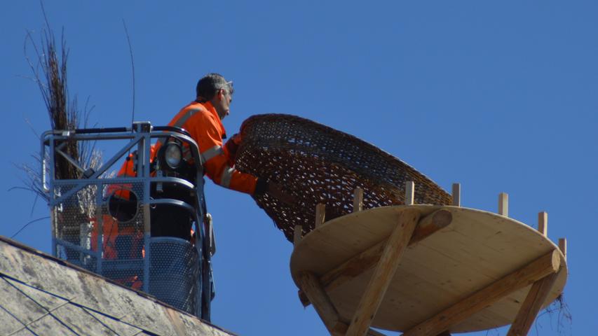Der Bauhof der Stadt platzierte den neuen Horst mit Hilfe der Feuerwehr auf dem Dach des Hauses Koukal. Foto: Reinl