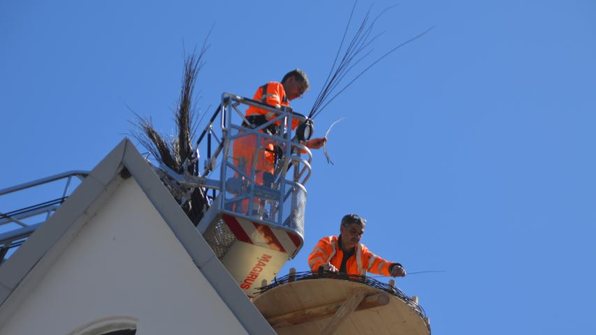 Bauhof-Mitarbeiter montierten den Horst auf das Dach.