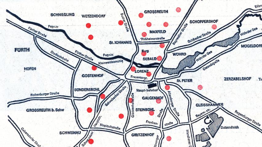 Die roten Punkte zeigen die Standorte der neuen Notstandsbrunnen. Hier geht es zum Kalenderblatt vom 03. Mai 1971: Tiefbrunnen sollen den Durst löschen.