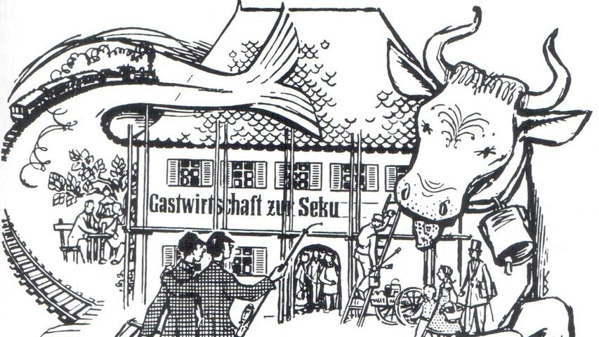 Die Bahn von Erlangen nach Eckental wurde im Volksmund nur "Seekuh" genannt. Die zeitgenössische Karikatur erzählt, wie aus "Seku" die "Seekuh" wurde.