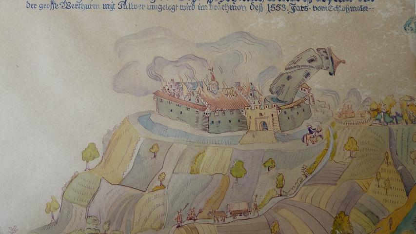 Übrigens: So soll Burg Hoheneck vor der Zerstörung 1553 ausgesehen haben. Das Bild entstand durch den damaligen Burgmaler.