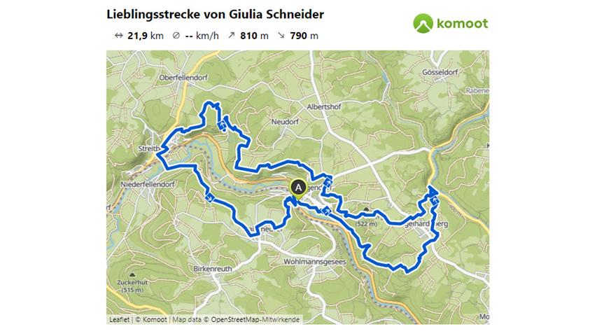 Hier geht es zur Lieblingsstrecke von Giulia Schneider.
© OpenStreetMap-Mitwirkende
Hier geht es zur Lieblingsstrecke von Giulia Schneider.
© OpenStreetMap-Mitwirkende