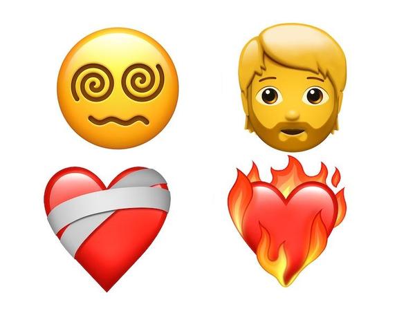 Die neuesten Apple-Emoji-Entwürfe: Frau mit Bart (oben rechts) und das Herz mit Verband.