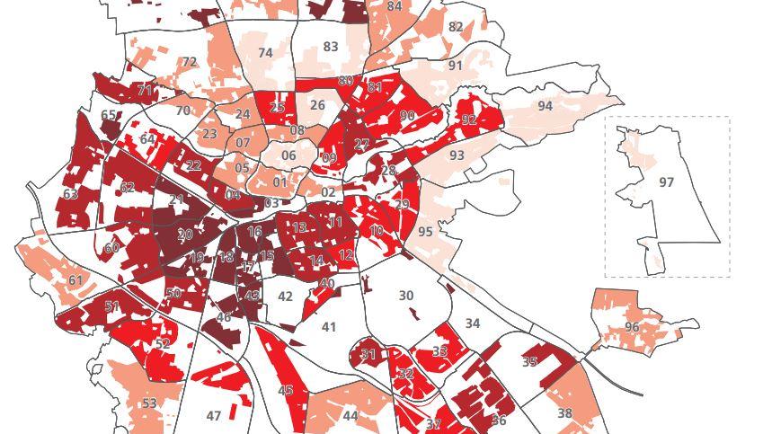 Diese Karte zeigt einen kleinen Ausschnitt der positiv auf das Coronavirus getesteten Menschen in Nürnbergs Bezirken. Die rot markierten Areale sind stark betroffen, je heller der Ton wird desto weniger Infizierte gibt es. 
