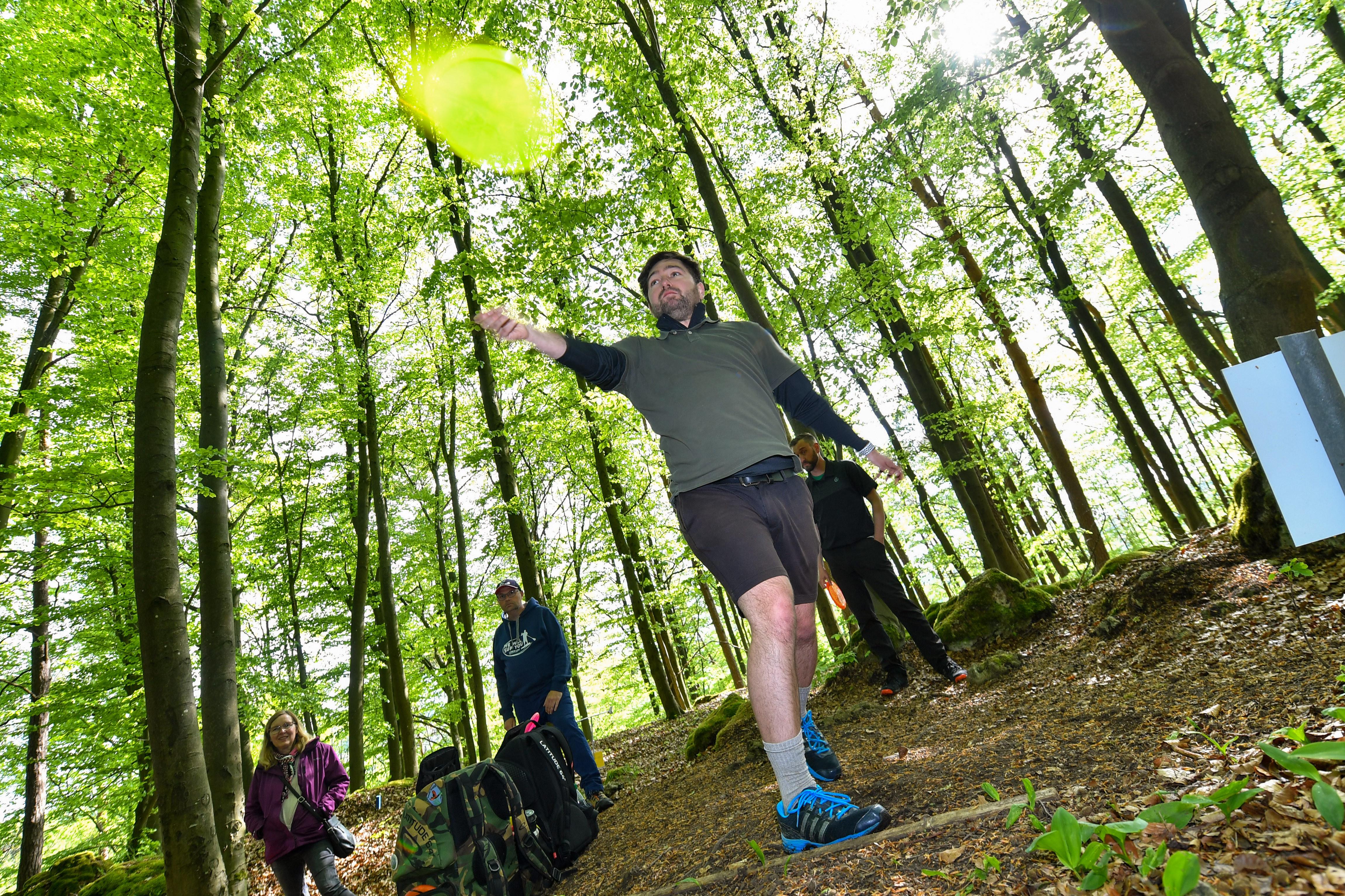 Dank des Sonnenstrahlen, die durch die Bäume strahlen, leuchtet Julians gelbe Scheibe richtig.