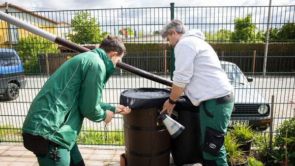 Der Tigermücke in Fürth geht es an den Kragen: Mitarbeiter der Firma APC suchen in Zweierteams nach möglichen Brutstätten der Insekten im Gartenbau- und Kleintierzuchtverein 1897.