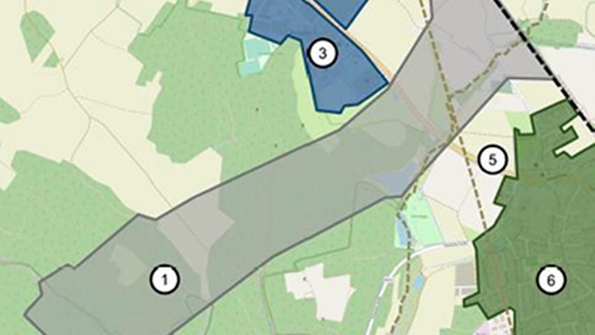 Eine Grafik der DB zeigt, wo das neue ICE-Werk entstehen könnte: 1. Untersuchungsraum für ICE-Werk, 3. Gewerbegebiet „Am Espen“, 5. Bundestraße B8, 6. Wohnbebauung Postbauer-Heng.
Eine Grafik der DB zeigt, wo das neue ICE-Werk entstehen könnte: 1. Untersuchungsraum für ICE-Werk, 3. Gewerbegebiet „Am Espen“, 5. Bundestraße B8, 6. Wohnbebauung Postbauer-Heng.