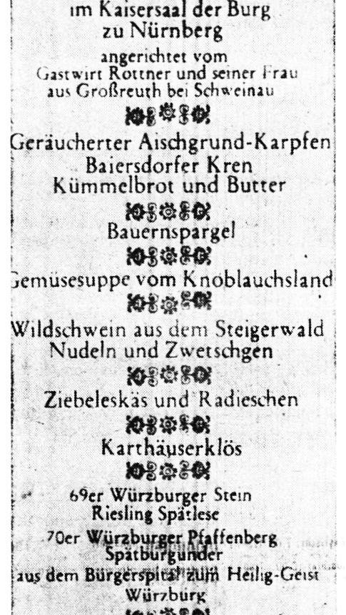 Den bisher nahrhaftesten Beitrag zum Dürer-Jahr leistete die Confrérie de la Chaine des Rôtisseurs auf der Nürnberger Kaiserburg. Bei einem Unkostenbeitrag von 85 DM waren etwa 200 Gäste dabei, als Samstagabend im Kaisersaal ein stilgerechtes Diner aus der Zeit Dürers gereicht wurde.  Hier geht es zum Kalenderblatt vom 7. Juni 1971: Der kulinarische Dürer-Beitrag .