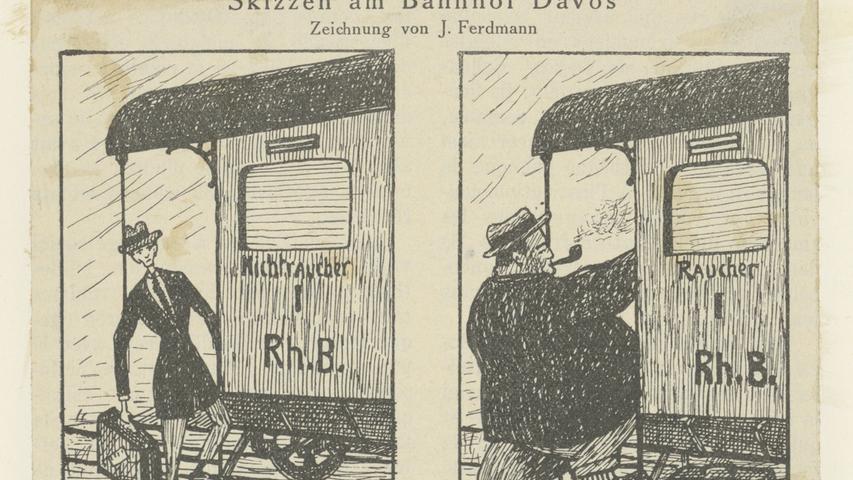 Jules Ferdmann: Skizzen am Bahnhof Davos, Ausschnitt aus der Davoser Revue von 1924