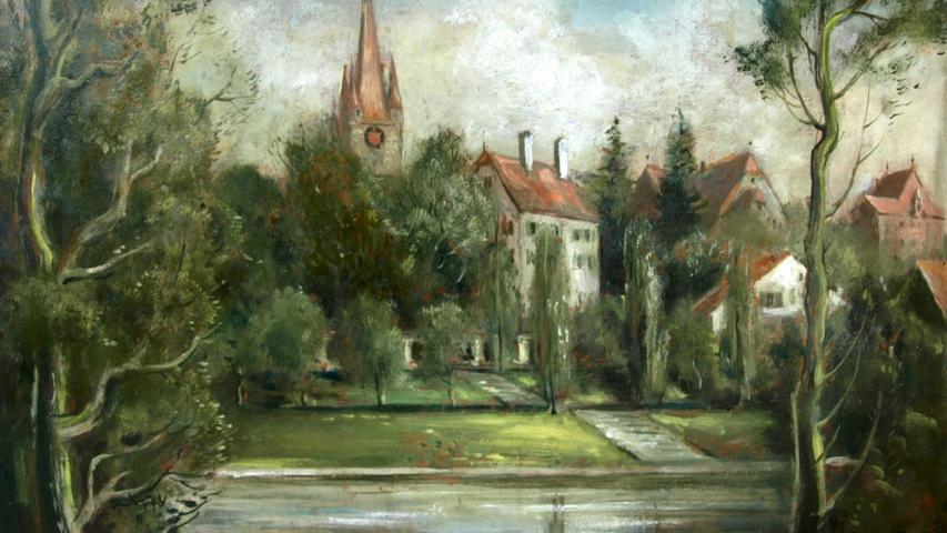 Fritz Heidingsfeld malte das Schlossbad mit Kirche und den nahen Geuder-Schlössern um 1955.