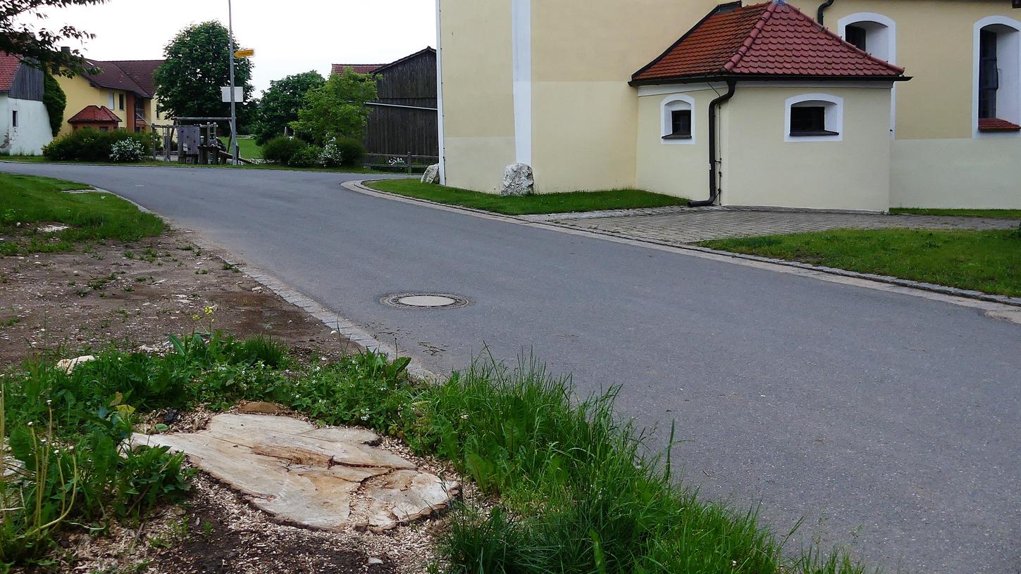 Von der markanten Linde im Dorfzentrum von Premerzhofen ist nicht viel übrig geblieben.  Vor nicht allzu langer Zeit prägte der schräg gegenüber der Kirche stehende Baum  noch das Dorfbild.