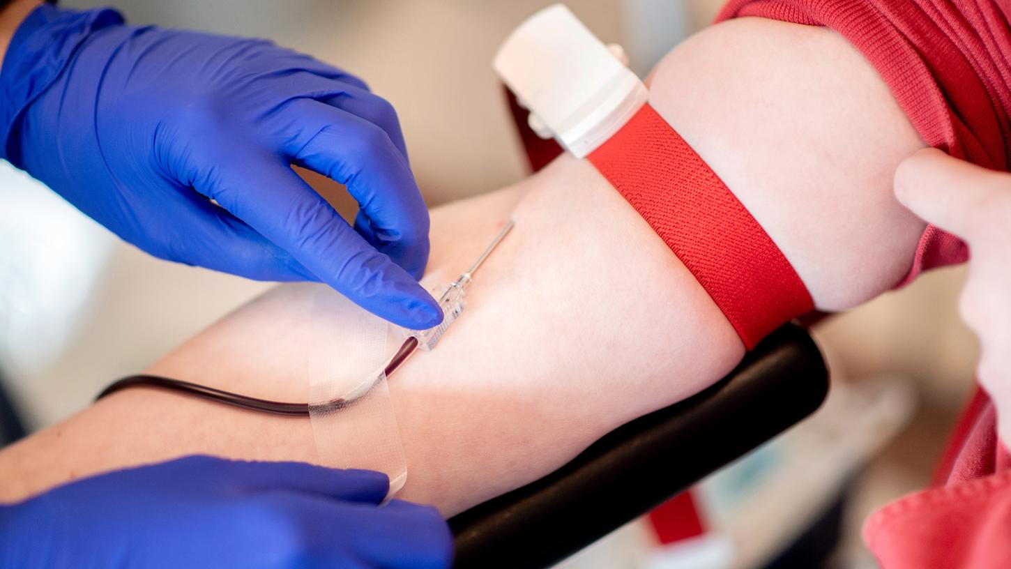 Eine Mitarbeiterin vom Blutspendedienst des Deutschen Roten Kreuzes (DRK) fixiert während einer Blutspende die Nadel. 