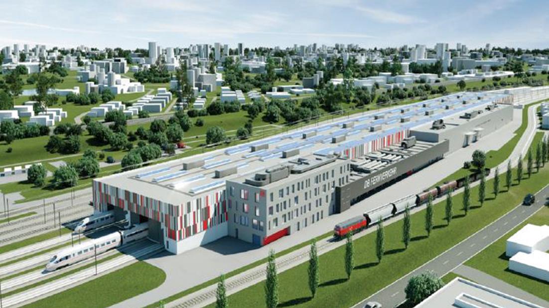 So könnte das neue ICE-Werk aussehen, dass bis 2028 für 400 Millionen Euro im Raum Nürnberg entstehen und 450 neue Arbeitsplätze bieten soll.
