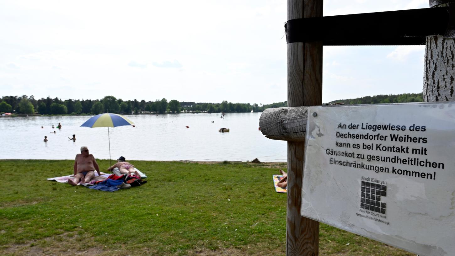 Die Badewasserqualität des Dechsendorfer Weihers ist gut. Schlecht ist allerdings, dass die Liegewiesen teilweise mit Gänsekot verunreinigt sind.