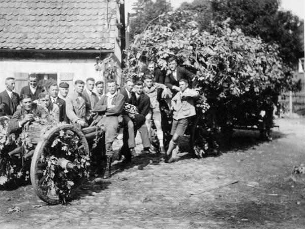 Ein Bild aus dem Jahr 1928: Die Rednitzhembacher Kirchweihbuben – heute würde man „Kärwaboum“ sagen – beim Einholen des Kirchweihbaums. 