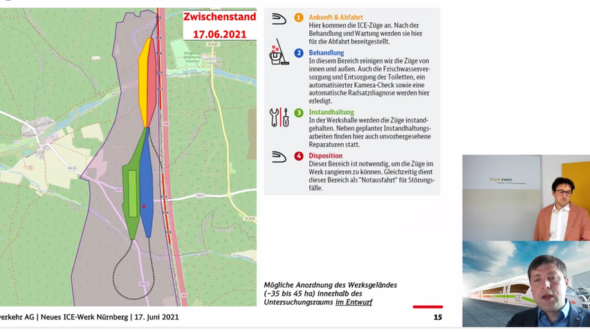 Westlich der Autobahn, zwischen dem Tiergehege Straßmühle und Harrlach, könnte ein 35 bis 45 Hektar großes ICE-Werk entstehen. Carsten Burmeister (unten rechts) gab im Namen der Deutschen Bahn Auskunft.
Westlich der Autobahn, zwischen dem Tiergehege Straßmühle und Harrlach, könnte ein 35 bis 45 Hektar großes ICE-Werk entstehen. Carsten Burmeister (unten rechts) gab im Namen der Deutschen Bahn Auskunft.