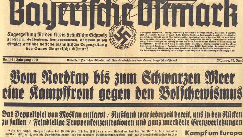 Die Nazipropaganda in Form der "Bayerischen Ostmark" rief zu einer "Kampffront gegen den Bolschewismus" auf und hetzte die Deutschen gegen Russland auf.