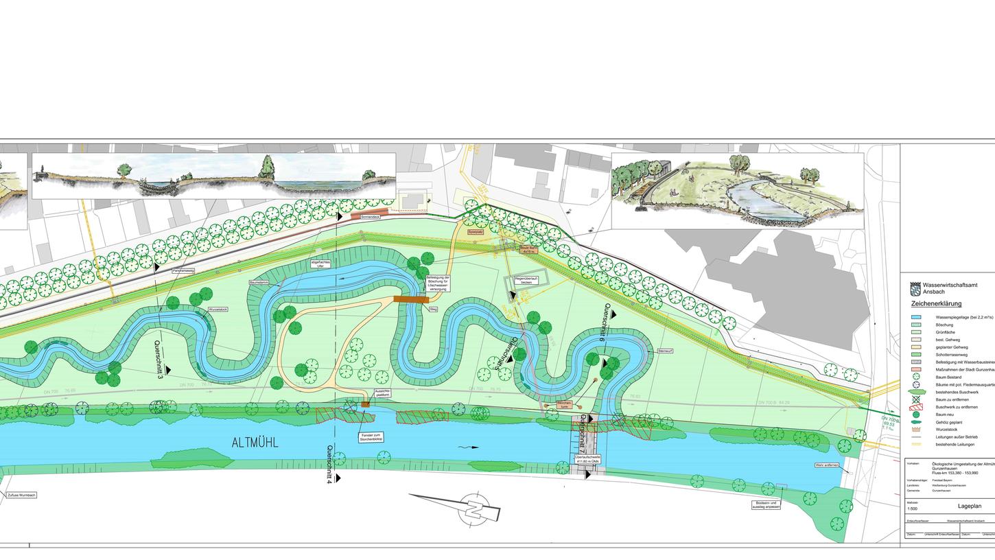 So sieht der Lageplan für die ökologische Umgestaltung der Altmühl vor, den das Wasserwirtschaftsamt Ansbach ausgearbeitet hat. Man beachte die vielen Schleifen des neuen Flussarms. In der Sitzung war von einem "mäanderartigen Wurstgebilde" die Rede. So sieht der Lageplan für die ökologische Umgestaltung der Altmühl vor, den das Wasserwirtschaftsamt Ansbach ausgearbeitet hat. Man beachte die vielen Schleifen des neuen Flussarms. In der Sitzung war von einem "mäanderartigen Wurstgebilde" die Rede.