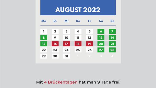 Im August 2022 gibt es für Teile Bayerns automatisch ein verlängertes Wochenende: Augsburger feiern am Montag, 8. August, das Augsburger Friedensfest. Im Rest von Bayern ist dies allerdings kein Feiertag. Mariä Himmelfahrt am 15. August fällt auf einen Montag, frei haben hier aber auch nur bestimmte Landkreise.