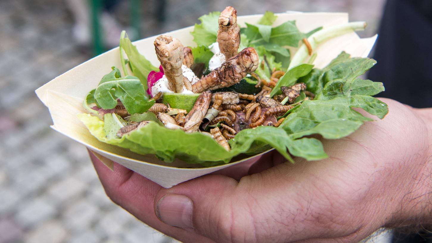 Mittlerweile ist das kein Aufreger mehr auf Street-Food-Messen: eine Schale mit Heuschrecken, Mehl- und Buffalowürmern auf Salat. Gesund ist es allemal, doch der Anblick ist für viele Deutsche noch gewöhnungsbedürftig.