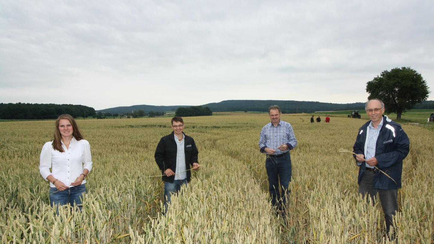 Niederschläge gab es heuer bislang überreichlich. Nun soll zur Ernte die Sonne scheinen. So erhoffen es sich AELF-Chef Hans Walter (rechts), seine beratenden Mitstreiter Angela Hirschbeck (Ausbildung) und Alexander Mack (Pflanzenbau, von links) sowie BBV-Kreisobmann Erwin Auernhammer.   