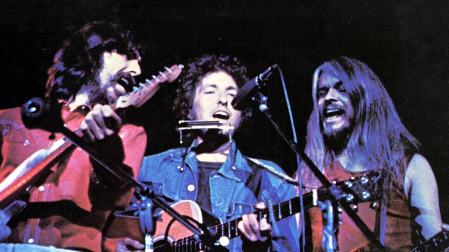 George Harrison, Bob Dylan und Leon Russell beim ihrem gemeinsamen Auftritt im Madison Square Garden vor 50 Jahren.