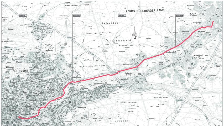 Die Trasse der geplanten Radschnellverbindung verläuft vor allem entlang der B14 zwischen Nürnberg und Lauf.
Die Trasse der geplanten Radschnellverbindung verläuft vor allem entlang der B14 zwischen Nürnberg und Lauf.