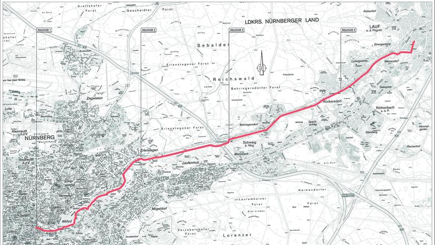 Die Trasse der geplanten Radschnellverbindung verläuft vor allem entlang der B14 zwischen Nürnberg und Lauf. 