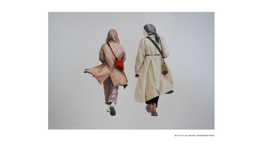 Myongae Kyongs "Mädels 2", Collage/Aquarell auf Textil.
