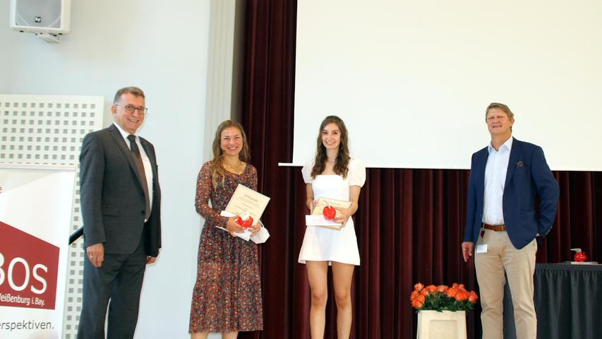 An der BOS gab es mit Theresa Betz und Maria Assenbaum gleich zwei Schülerinnen mit dem beeindruckenden Notenschnitt von 1,1. Schulleiter Klaus Drotziger und Peter Schiebsdat von der Sparkasse gratulierten.