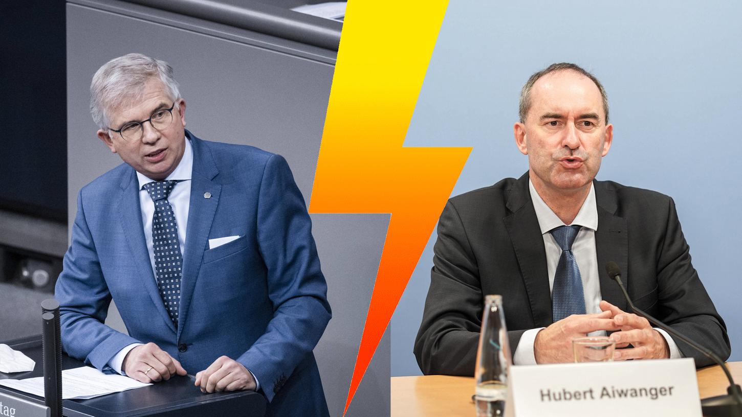 Andrew Ullmann (links), Arzt und FDP-Bundestagsabgeordneter, fordert den Rücktritt von Hubert Aiwanger (rechts), stellvertretender Ministerpräsident in Bayern und Chef der Freien Wähler.