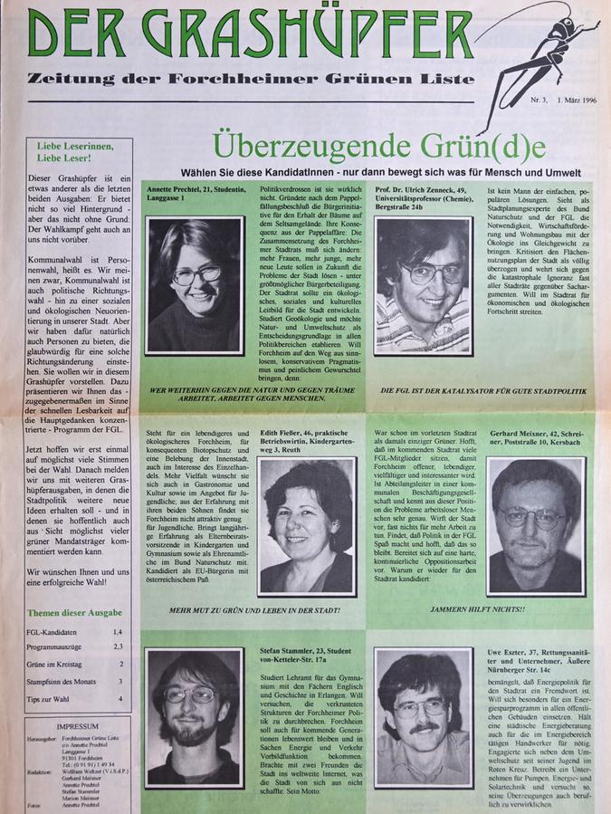 Lang ist’s her: Die 1996er Wahl-Ausgabe der FGL-Zeitung „Der Grashüpfer“ mit (im Uhrzeigerinn) Annette Prechtel, Ulrich Zenneck, Edith Fießer und Gerhard Meixner. 