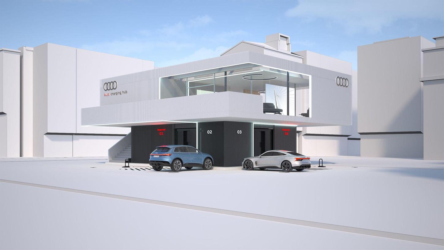 So soll der "Charging Hub" aussehen: Unten wird Strom getankt, im Obergeschoss kann man währenddessen einen Kaffee trinken oder einen Happen essen. Wenn das Pilotprojekt gut ankommt, will Audi eine eigene Lade-Infrastruktur aufbauen. So soll der "Charging Hub" aussehen: Unten wird Strom getankt, im Obergeschoss kann man währenddessen einen Kaffee trinken oder einen Happen essen. Wenn das Pilotprojekt gut ankommt, will Audi eine eigene Lade-Infrastruktur aufbauen.